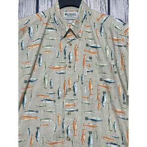Columbia Shirt All Over Fish Print Khaki 100% Cotton Hawaiian Button-Up Men's L